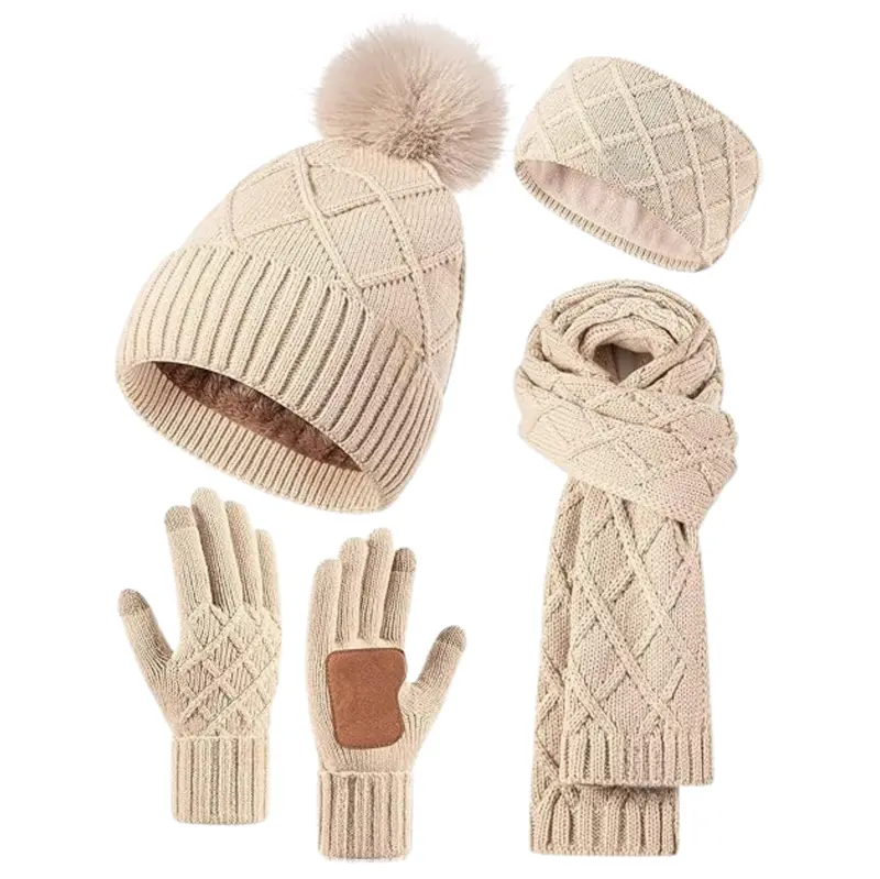 Oatmeal-Tone 4-in-1 Winter Accessory Set – Scarf, Hat, Gloves & Headband for Women