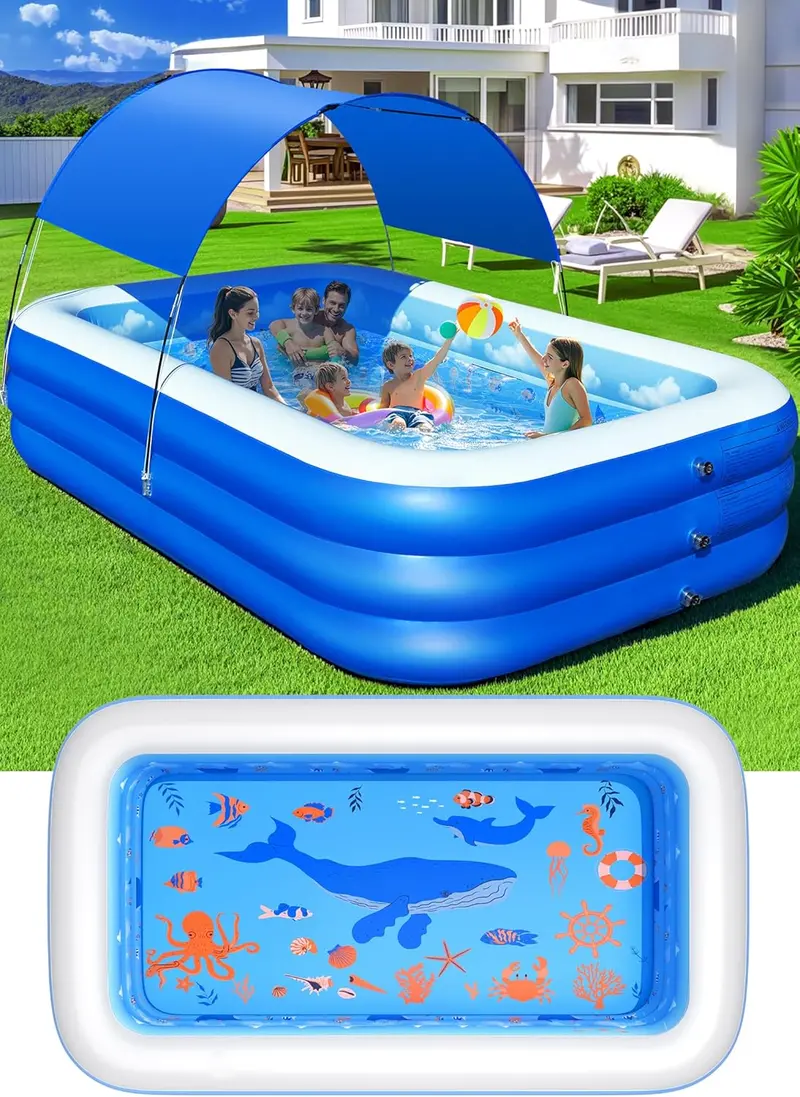 Ocean-Themed Inflatable Family Pool with Canopy – Upgraded Oversized Backyard Pool, 105" x 75" x 25", Thickened Walls, Blue 1