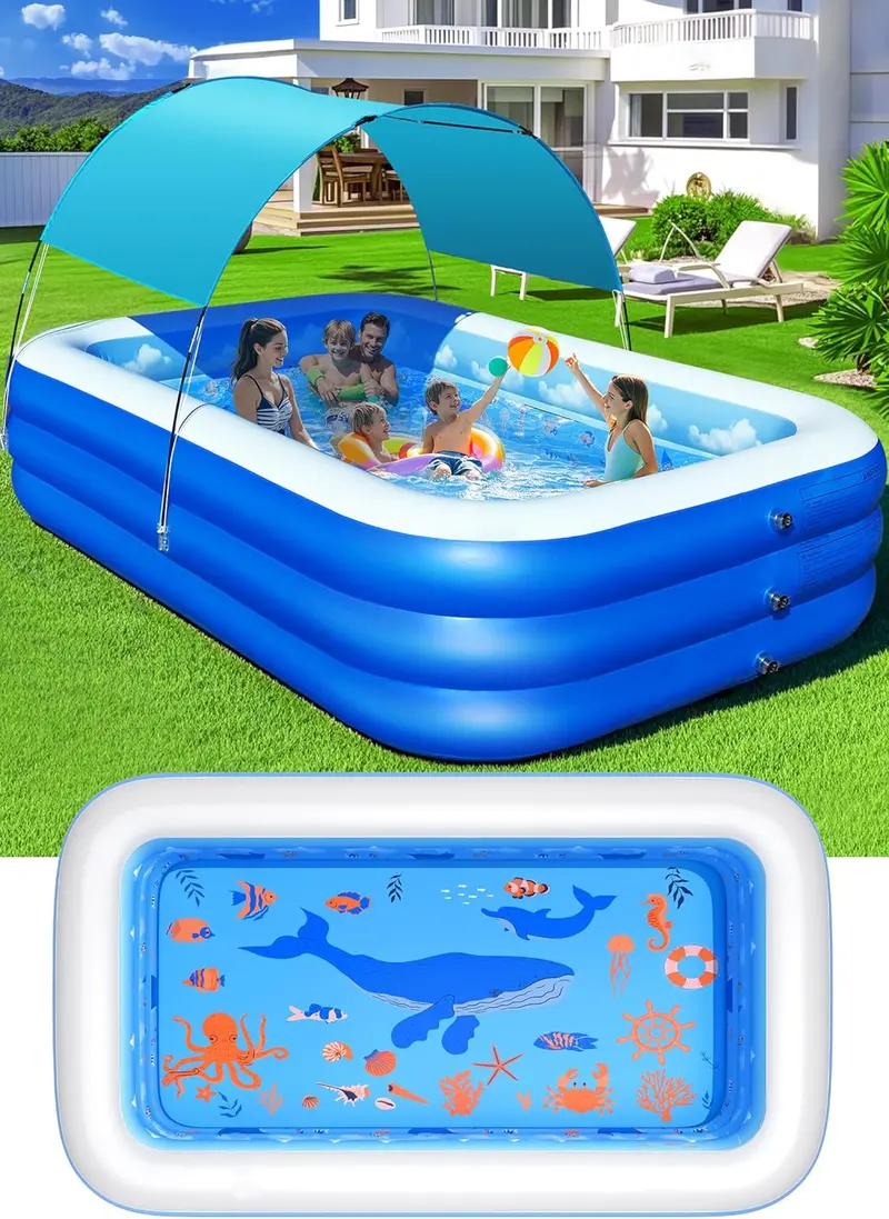 Ocean-Themed Inflatable Family Pool with Canopy – Upgraded Oversized Backyard Pool, 105" x 75" x 25", Thickened Walls, Blue