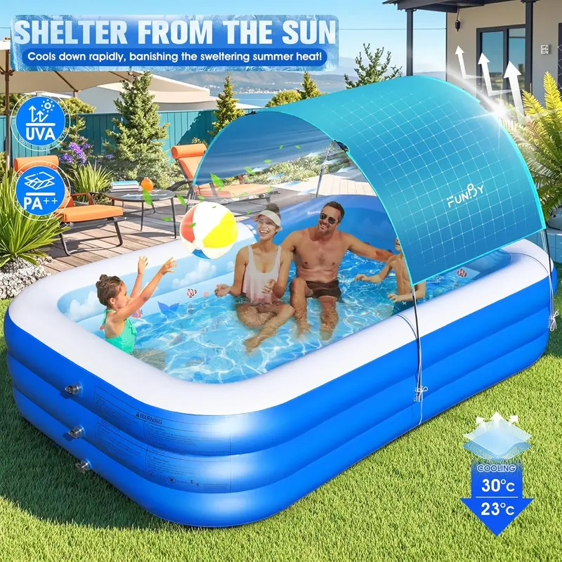 Ocean-Themed Inflatable Family Pool with Canopy – Upgraded Oversized Backyard Pool, 105" x 75" x 25", Thickened Walls, Blue
