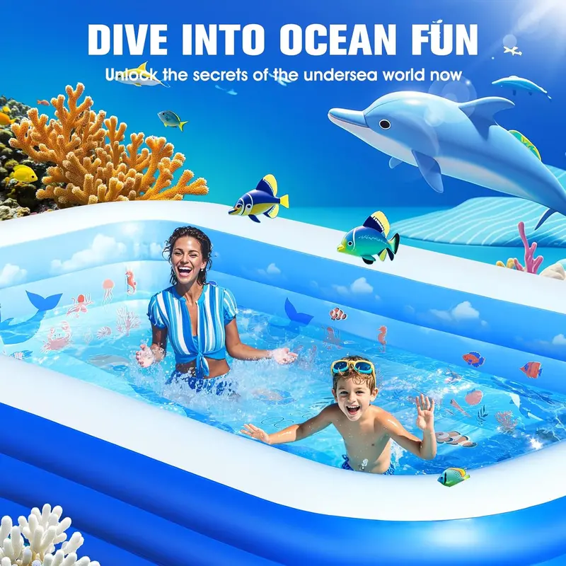 Ocean-Themed Inflatable Family Pool with Canopy – Upgraded Oversized Backyard Pool, 105" x 75" x 25", Thickened Walls, Blue