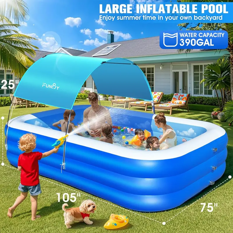 Ocean-Themed Inflatable Family Pool with Canopy – Upgraded Oversized Backyard Pool, 105" x 75" x 25", Thickened Walls, Blue