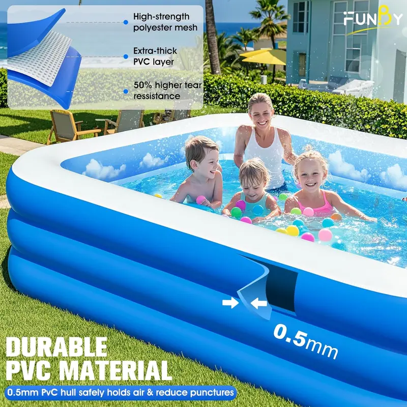 Ocean-Themed Inflatable Family Pool with Canopy – Upgraded Oversized Backyard Pool, 105" x 75" x 25", Thickened Walls, Blue