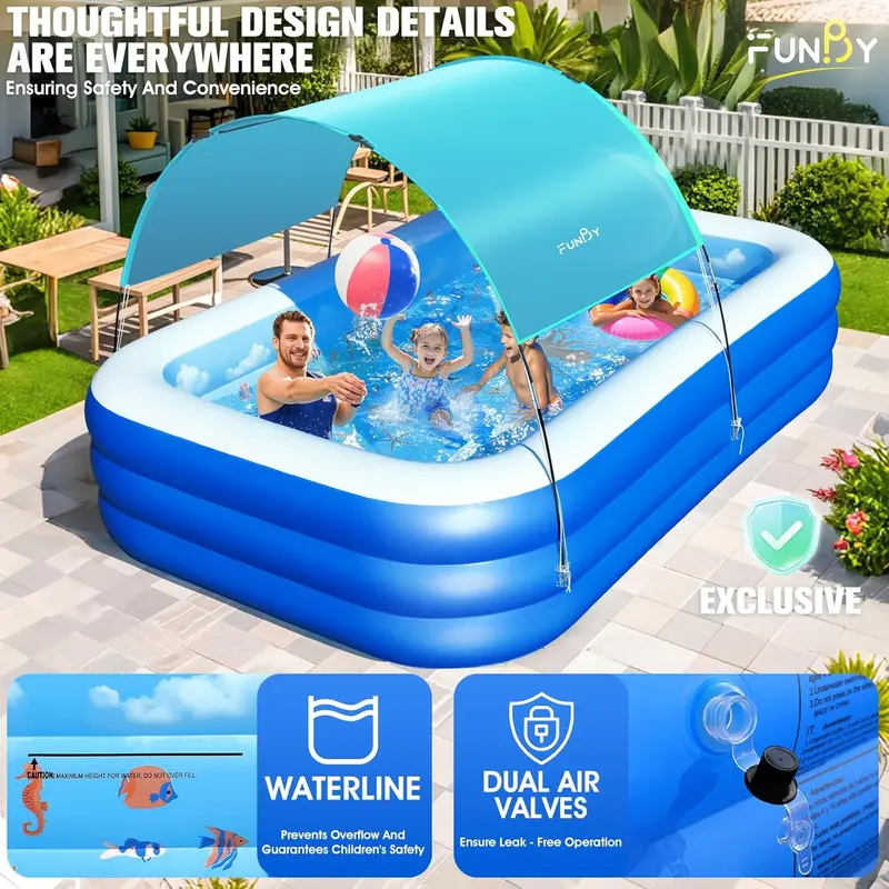 Ocean-Themed Inflatable Family Pool with Canopy – Upgraded Oversized Backyard Pool, 105" x 75" x 25", Thickened Walls, Blue