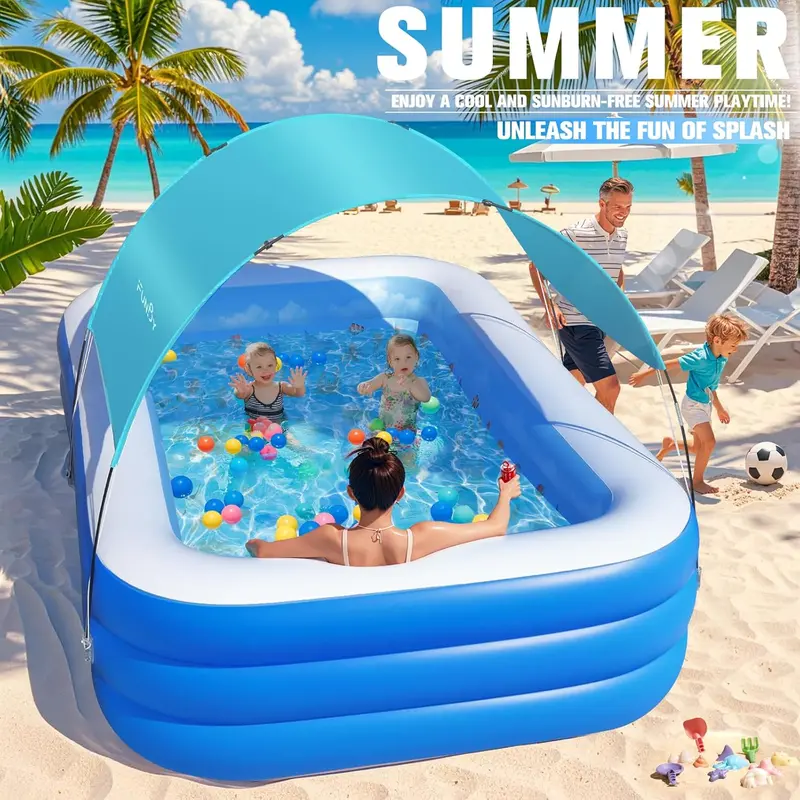 Ocean-Themed Inflatable Family Pool with Canopy – Upgraded Oversized Backyard Pool, 105" x 75" x 25", Thickened Walls, Blue