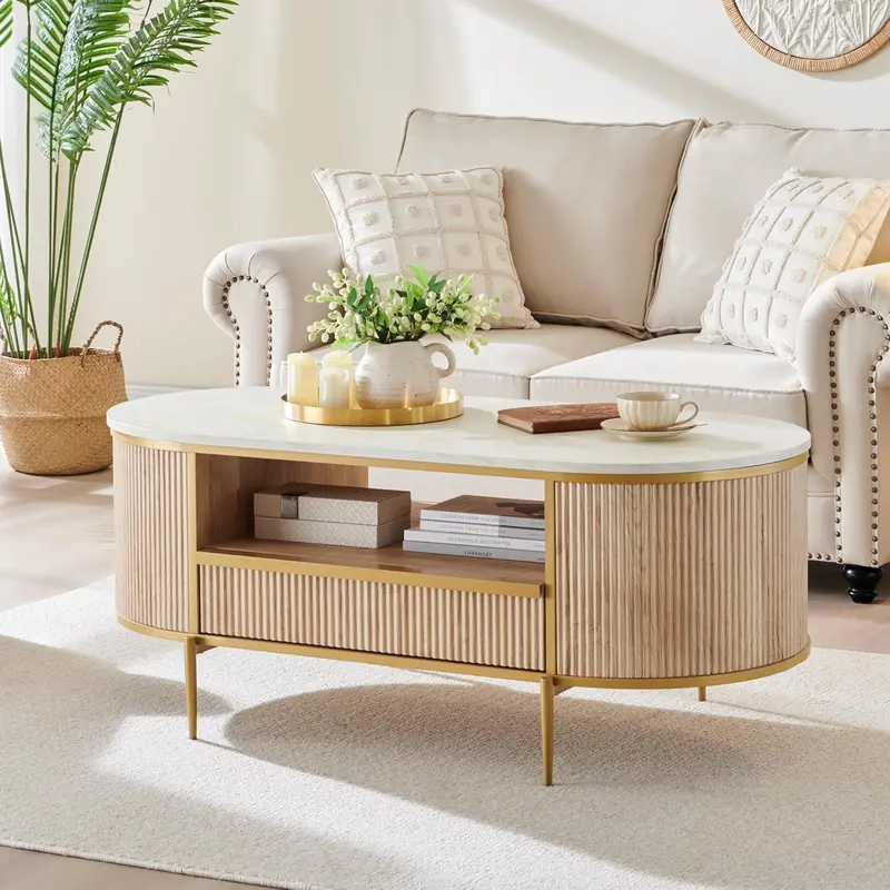 OKD Oval Imitation Marble Coffee Table – 48-Inch Grooved Design with Drawers and Gold Trim 1