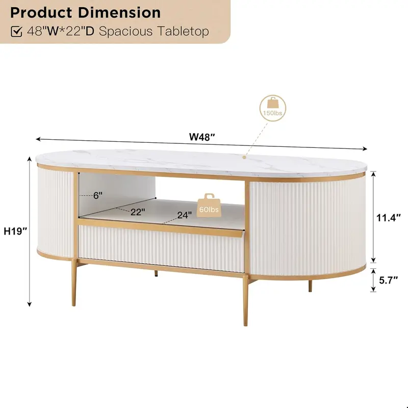 OKD Oval Imitation Marble Coffee Table – 48-Inch Grooved Design with Drawers and Gold Trim