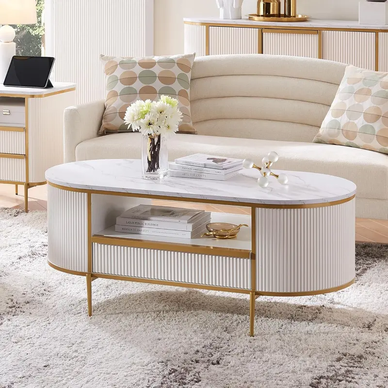 OKD Oval Imitation Marble Coffee Table – 48-Inch Grooved Design with Drawers and Gold Trim