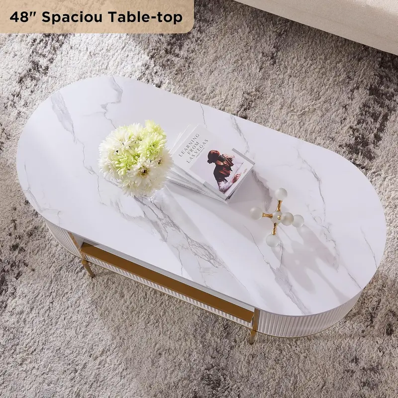OKD Oval Imitation Marble Coffee Table – 48-Inch Grooved Design with Drawers and Gold Trim