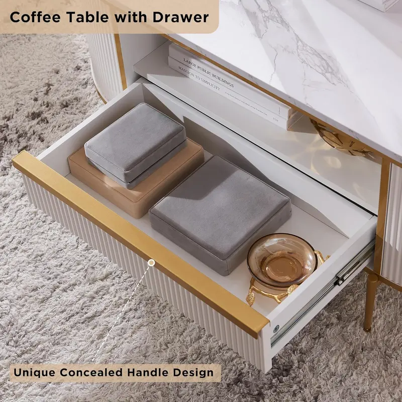 OKD Oval Imitation Marble Coffee Table – 48-Inch Grooved Design with Drawers and Gold Trim