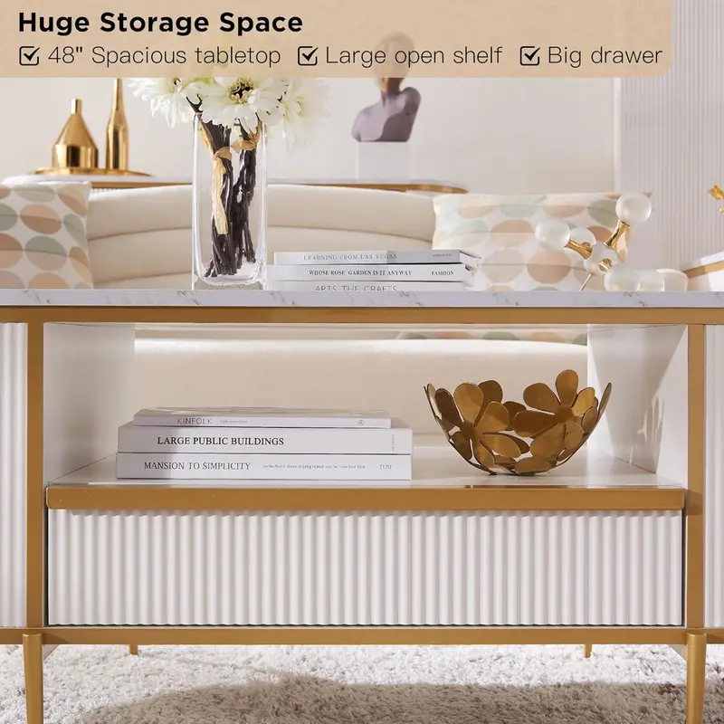 OKD Oval Imitation Marble Coffee Table – 48-Inch Grooved Design with Drawers and Gold Trim