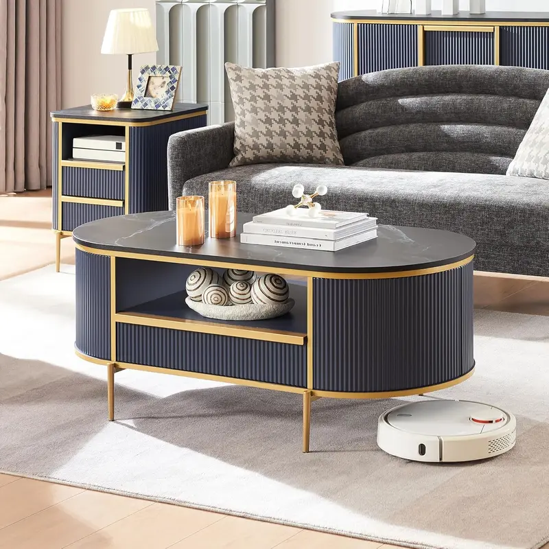 OKD Oval Imitation Marble Coffee Table – 48-Inch Grooved Design with Drawers and Gold Trim