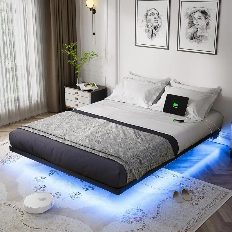 OLEVS Queen Floating Platform Bed – Sleek Metal Frame with Programmable LED Lights & Wireless Charging Support 1