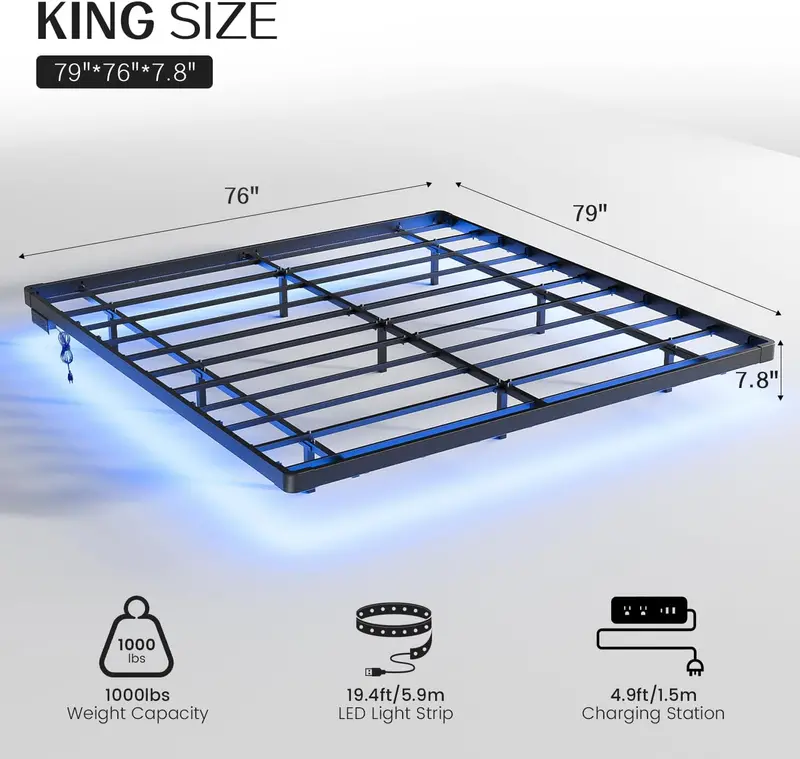 OLEVS Queen Floating Platform Bed – Sleek Metal Frame with Programmable LED Lights & Wireless Charging Support