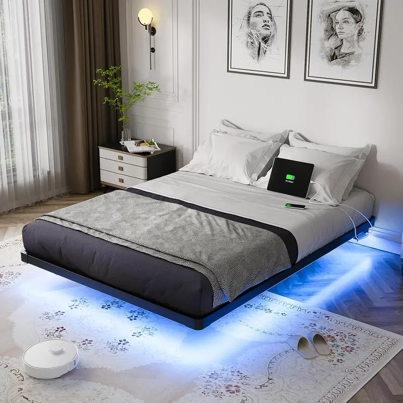 OLEVS Queen Floating Platform Bed – Sleek Metal Frame with Programmable LED Lights & Wireless Charging Support