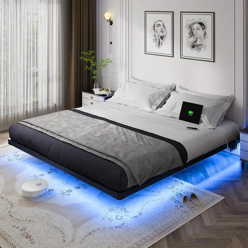 OLEVS Queen Floating Platform Bed – Sleek Metal Frame with Programmable LED Lights & Wireless Charging Support