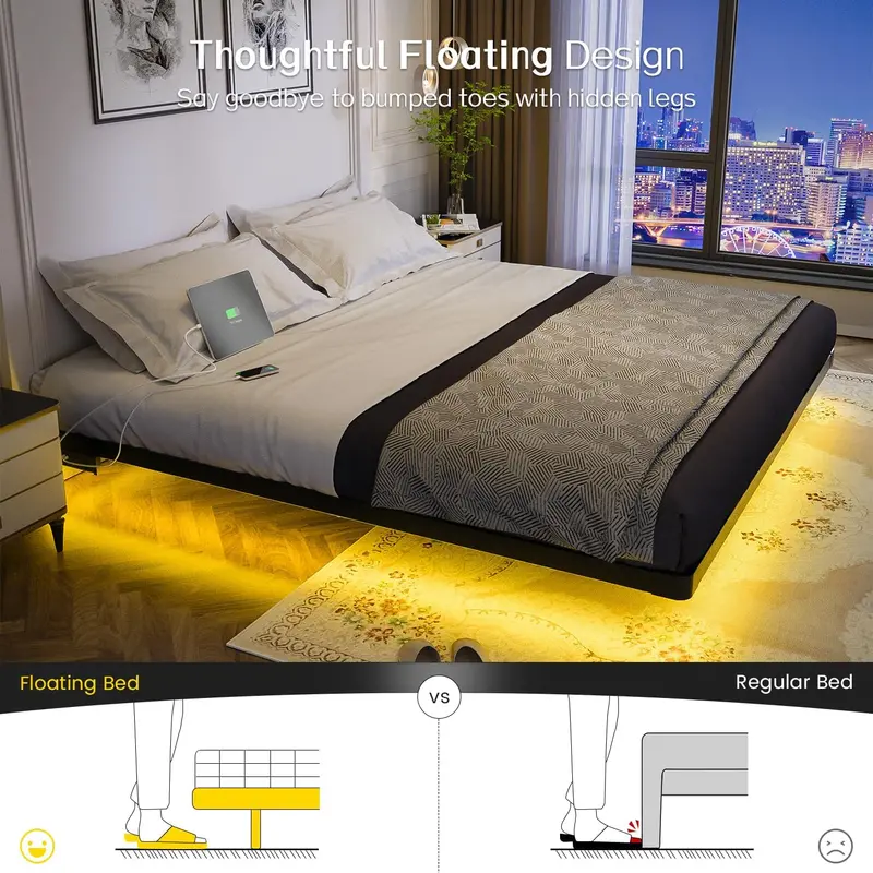 OLEVS Queen Floating Platform Bed – Sleek Metal Frame with Programmable LED Lights & Wireless Charging Support