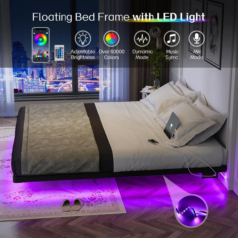 OLEVS Queen Floating Platform Bed – Sleek Metal Frame with Programmable LED Lights & Wireless Charging Support