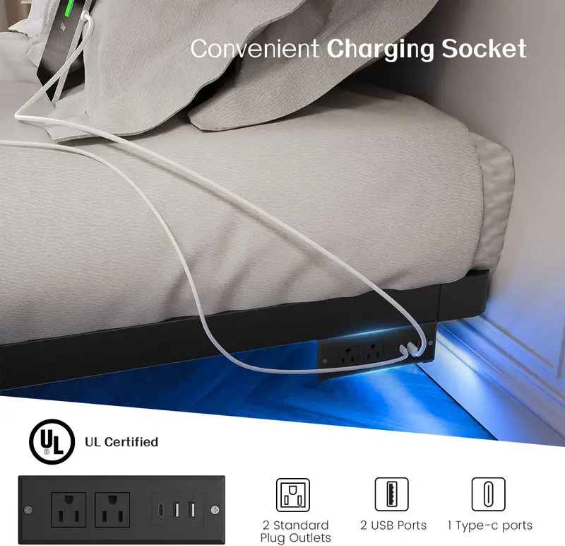 OLEVS Queen Floating Platform Bed – Sleek Metal Frame with Programmable LED Lights & Wireless Charging Support