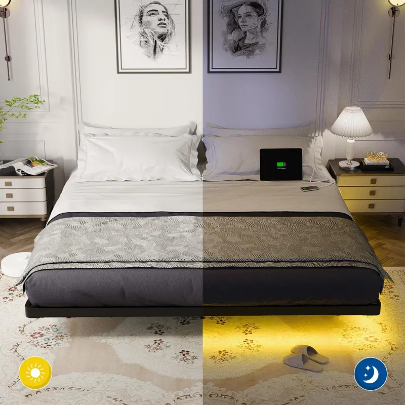 OLEVS Queen Floating Platform Bed – Sleek Metal Frame with Programmable LED Lights & Wireless Charging Support