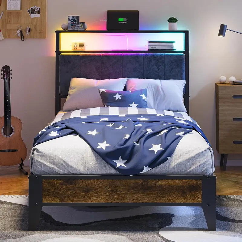 OLEVS Single LED Floating Bed Frame – Metal Platform with Smart Lighted Headboard & Built-in Charging Station 1