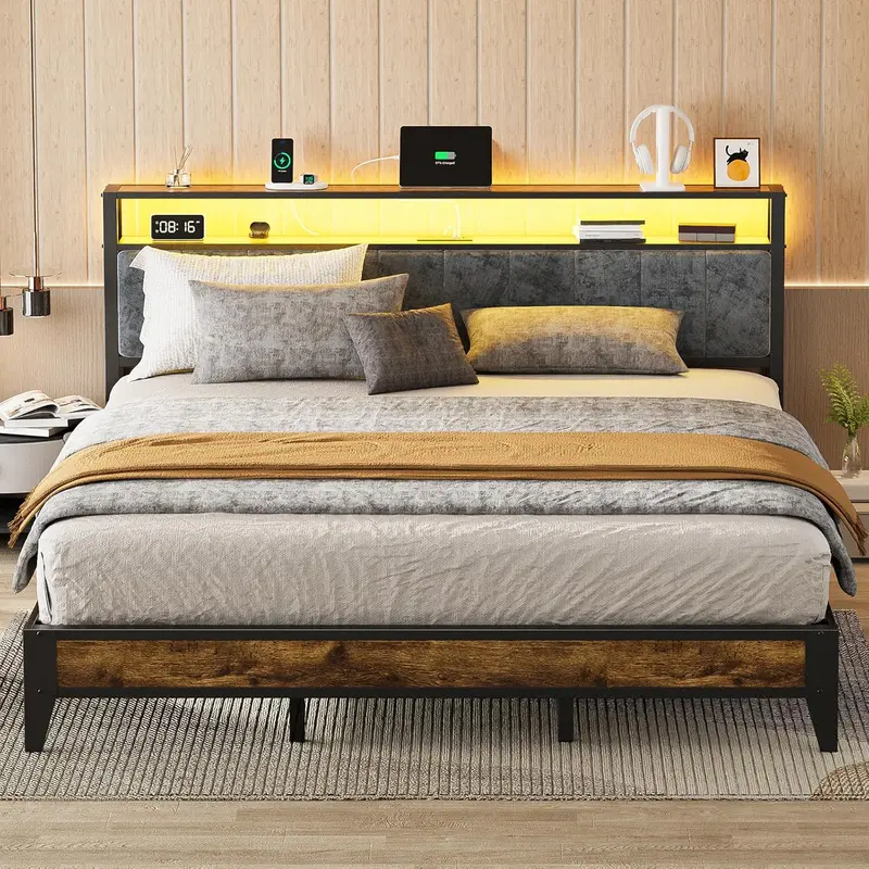 OLEVS Single LED Floating Bed Frame – Metal Platform with Smart Lighted Headboard & Built-in Charging Station