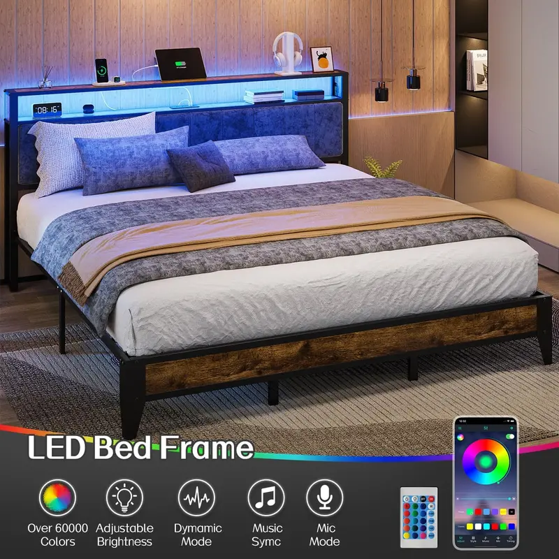 OLEVS Single LED Floating Bed Frame – Metal Platform with Smart Lighted Headboard & Built-in Charging Station