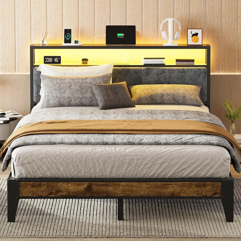 OLEVS Single LED Floating Bed Frame – Metal Platform with Smart Lighted Headboard & Built-in Charging Station