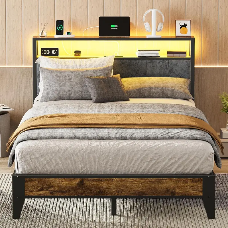 OLEVS Single LED Floating Bed Frame – Metal Platform with Smart Lighted Headboard & Built-in Charging Station