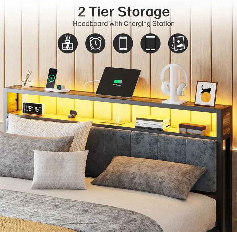 OLEVS Single LED Floating Bed Frame – Metal Platform with Smart Lighted Headboard & Built-in Charging Station