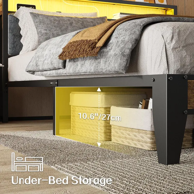 OLEVS Single LED Floating Bed Frame – Metal Platform with Smart Lighted Headboard & Built-in Charging Station