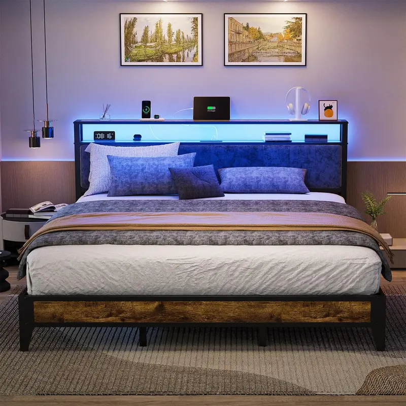 OLEVS Single LED Floating Bed Frame – Metal Platform with Smart Lighted Headboard & Built-in Charging Station