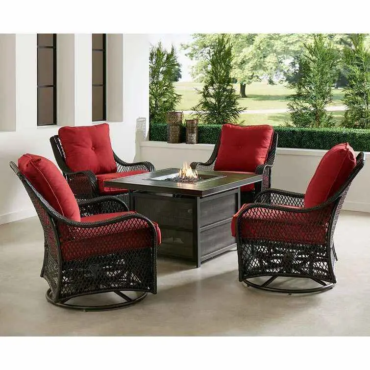 Orleans 5-Piece Steel Patio Fire Pit Set – Swivel Gliders, Navy Cushions & Square Fire Table