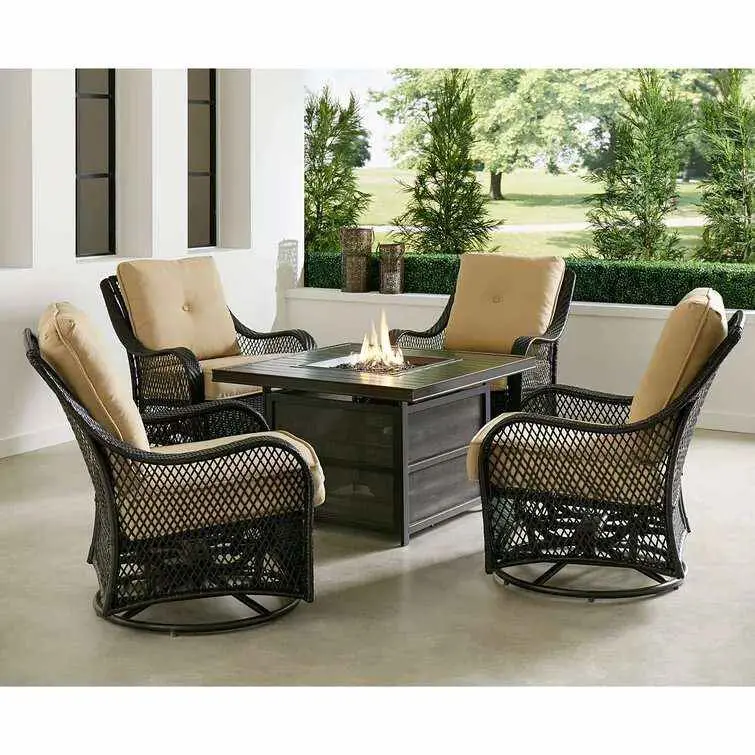 Orleans 5-Piece Steel Patio Fire Pit Set – Swivel Gliders, Navy Cushions & Square Fire Table