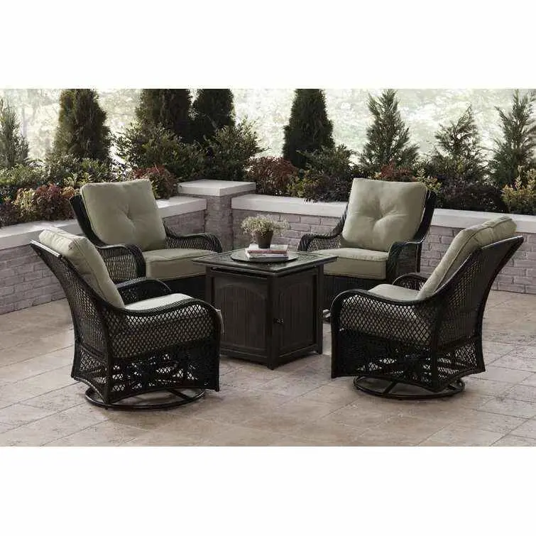Orleans 5-Piece Steel Patio Fire Pit Set – Swivel Gliders, Navy Cushions & Square Fire Table