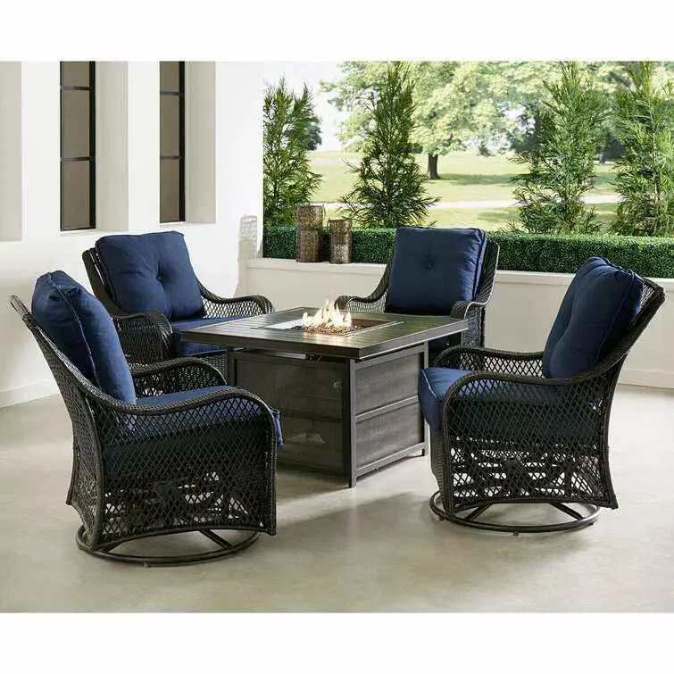 Orleans 5-Piece Steel Patio Fire Pit Set – Swivel Gliders, Navy Cushions & Square Fire Table
