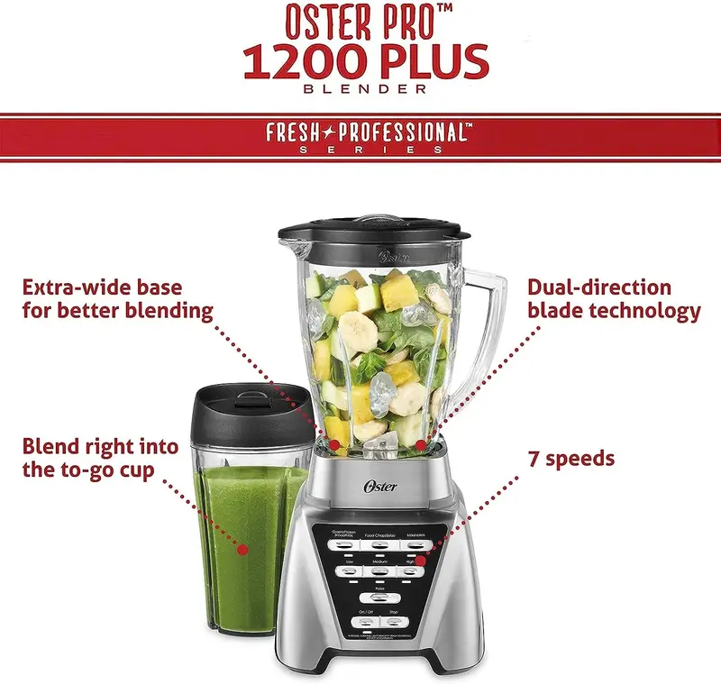 Oster Pro 1200 Blender with Glass Pitcher & 24-Oz Smoothie Cup – Brushed Nickel Finish
