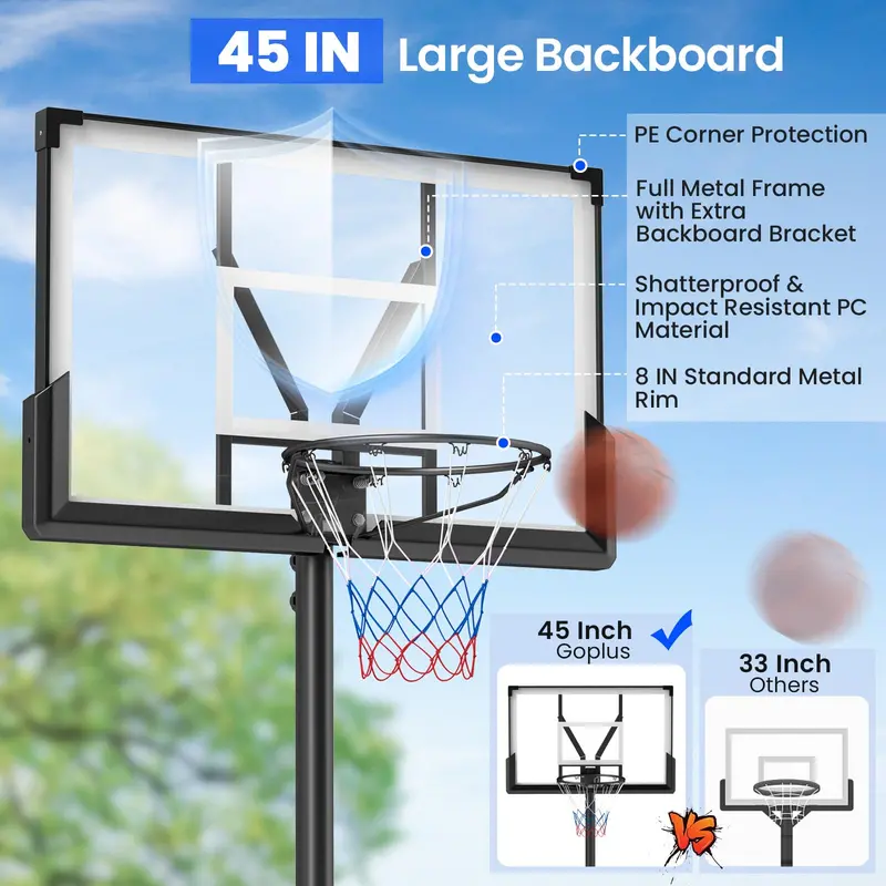 Outdoor Adjustable Basketball Hoop – 4.1–10 ft Height Range, 45" Shatterproof Polycarbonate Backboard