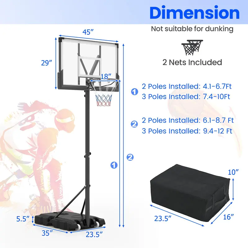 Outdoor Adjustable Basketball Hoop – 4.1–10 ft Height Range, 45" Shatterproof Polycarbonate Backboard
