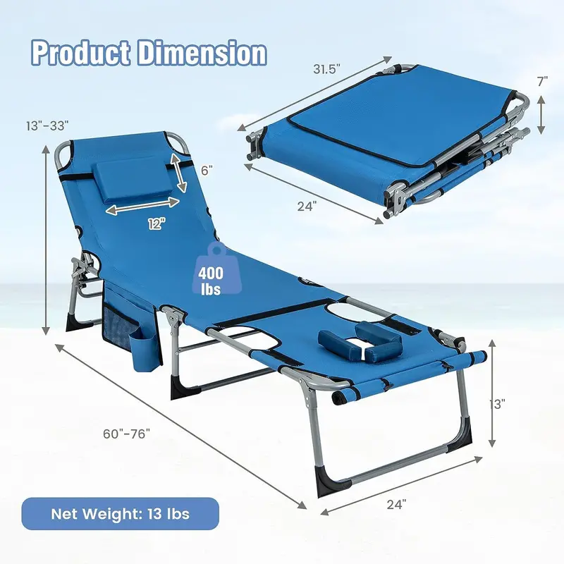 Outdoor Lounge Chair with 5-Position Recline, Face and Arm Cutouts for Sunbathing