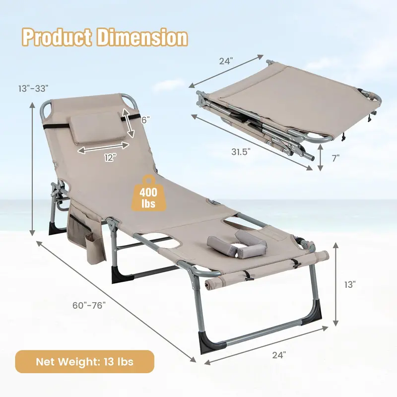Outdoor Lounge Chair with 5-Position Recline, Face and Arm Cutouts for Sunbathing
