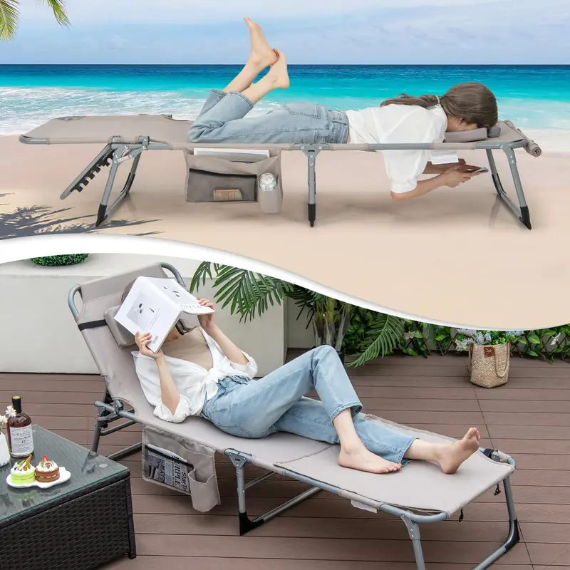 Outdoor Lounge Chair with 5-Position Recline, Face and Arm Cutouts for Sunbathing