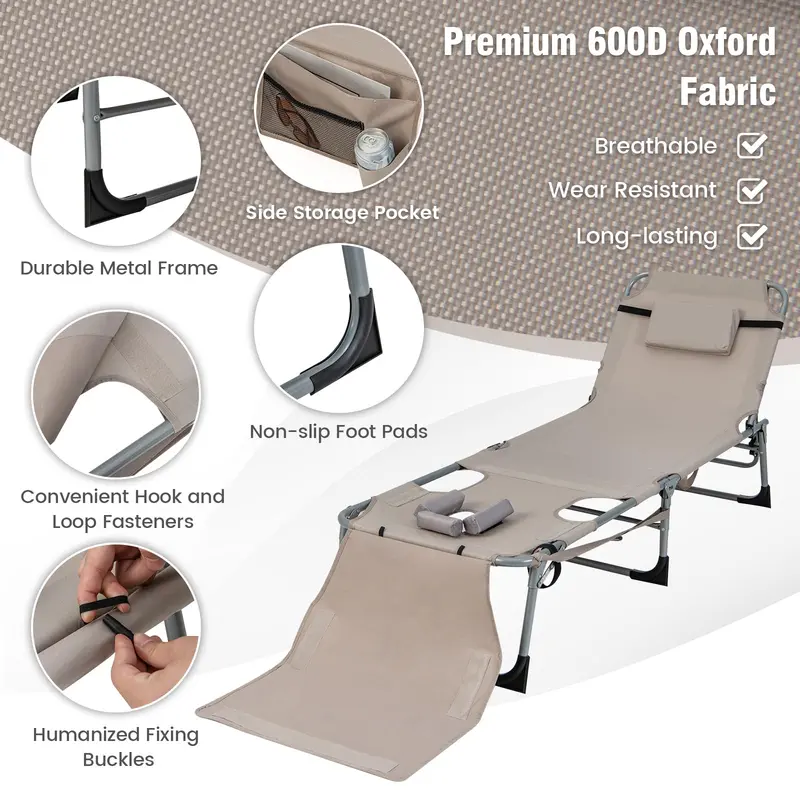 Outdoor Lounge Chair with 5-Position Recline, Face and Arm Cutouts for Sunbathing