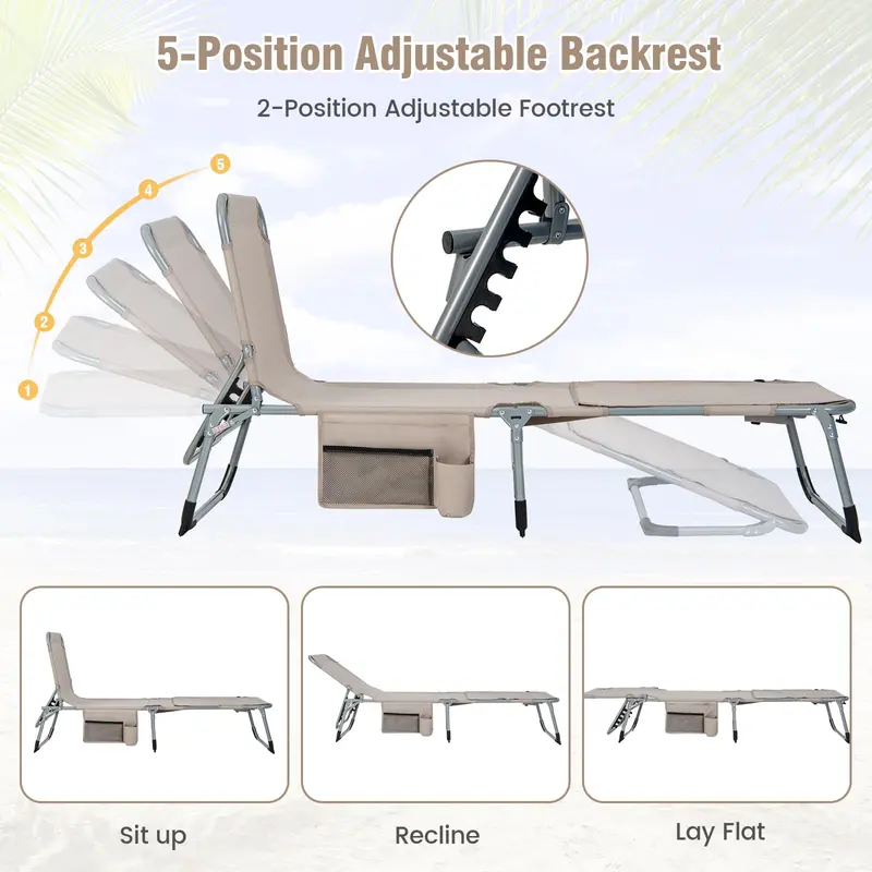 Outdoor Lounge Chair with 5-Position Recline, Face and Arm Cutouts for Sunbathing