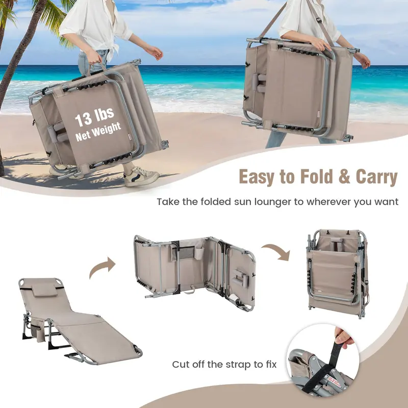 Outdoor Lounge Chair with 5-Position Recline, Face and Arm Cutouts for Sunbathing
