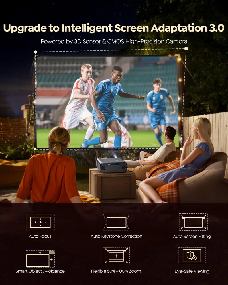 Outdoor-Optimized Smart Projector — 4K Support, Official Streaming Apps, Dual-Band WiFi & Bluetooth