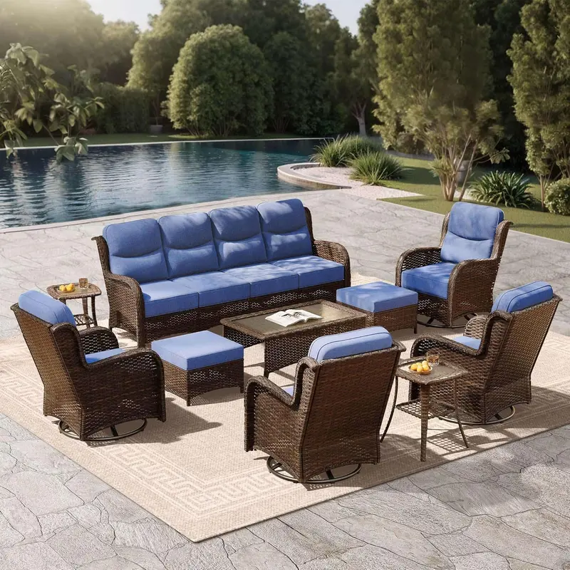 Outdoor Swivel Rocker Patio Set – 3-Piece Wicker Furniture with Thick Cushions & Side Table (Blue) 2