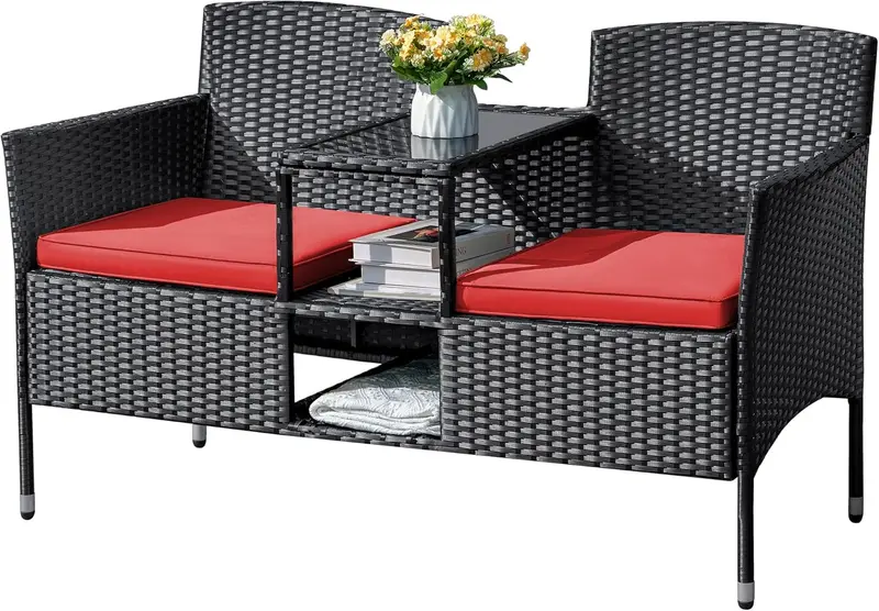 Outdoor Wicker Loveseat Set – 2-Seat Rattan Patio Bench with Center Table, Cushions, and All-Weather Beige Finish