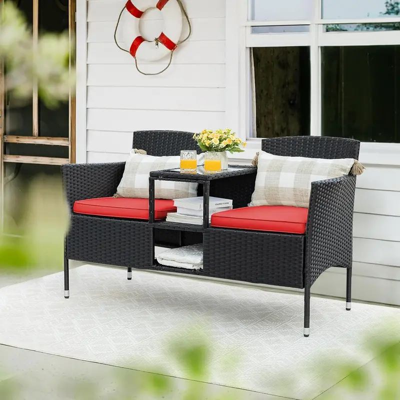 Outdoor Wicker Loveseat Set – 2-Seat Rattan Patio Bench with Center Table, Cushions, and All-Weather Beige Finish 2