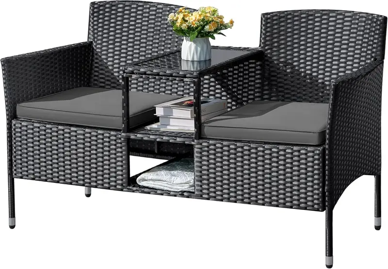 Outdoor Wicker Loveseat Set – 2-Seat Rattan Patio Bench with Center Table, Cushions, and All-Weather Beige Finish
